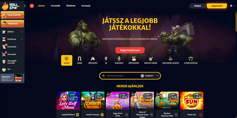 A HellSpin kaszinó oldalának képernyőképe