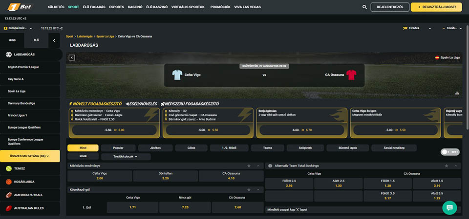 Az 1Bet sportoldalának képernyőképe