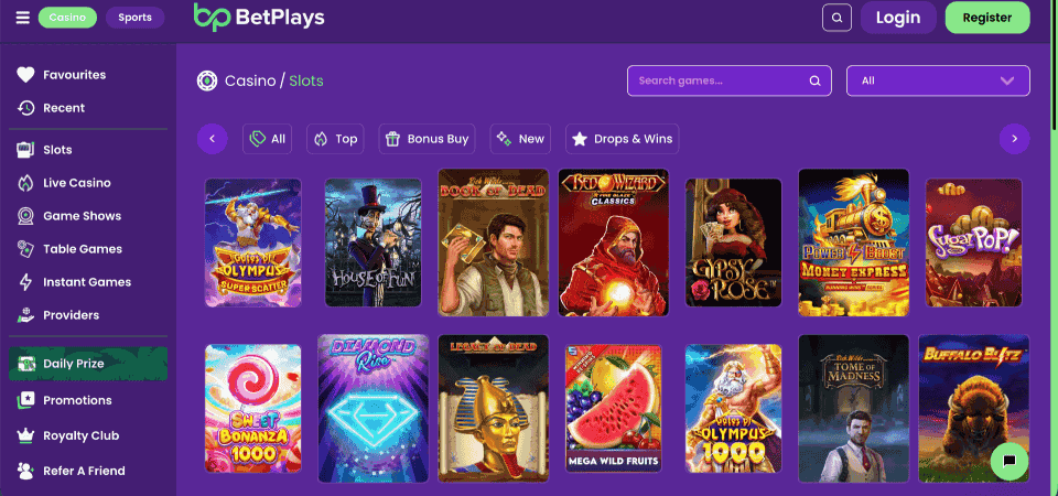 Pillanatkép a betplays kaszinó oldaláról