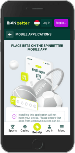A Spinbetter alkalmazás mobiloldalának képernyőképe