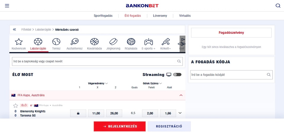Pillanatkép az Bankonbet élő sport oldalról