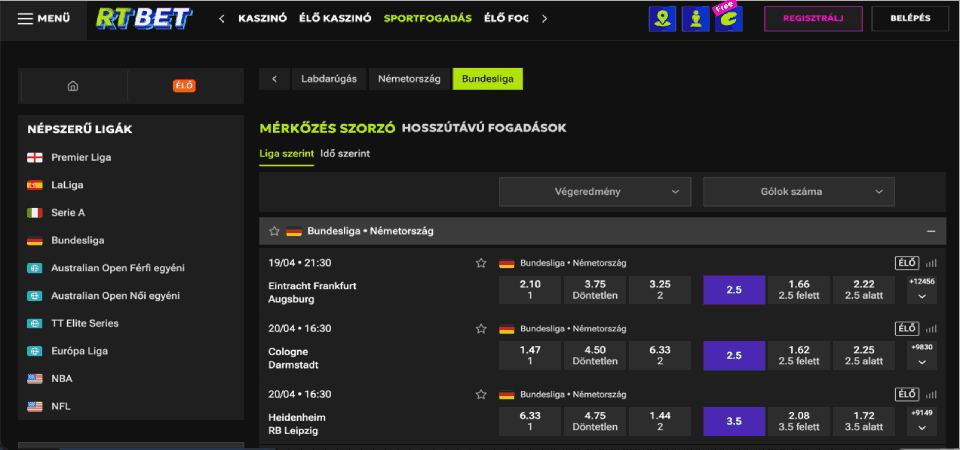 Képernyőkép az RTbet sportoldaláról