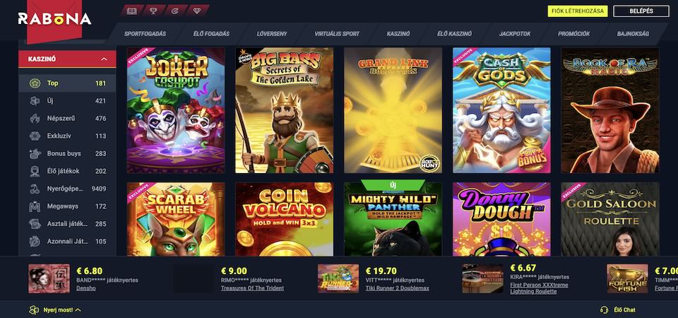 screenshot a rabona casino oldalról