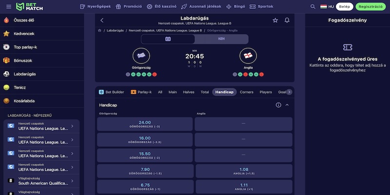 képernyőkép a betmatch handicap oldaláról