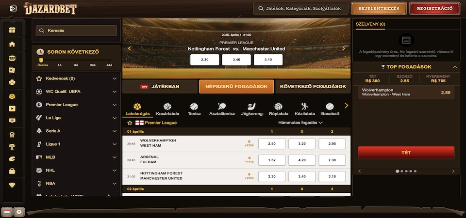 Pillanatkép a DazardBet sport oldaláról